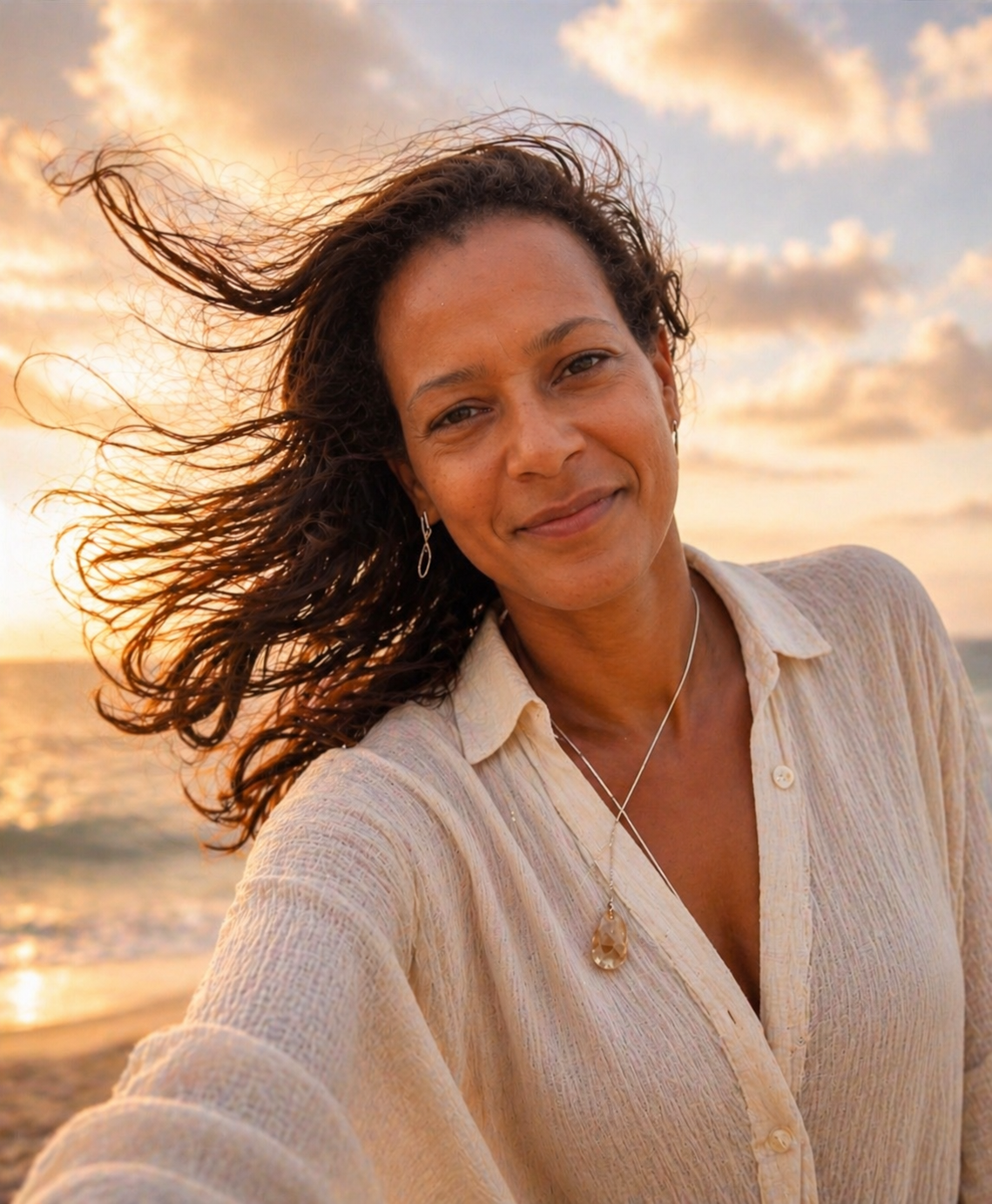 Portret van Do bij zonsondergang aan zee